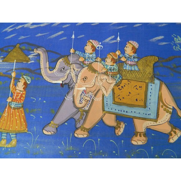 Blue Silk Elephant Folk Art Asian Silkscreen Print 12" X 9" - Picture 2 of 12